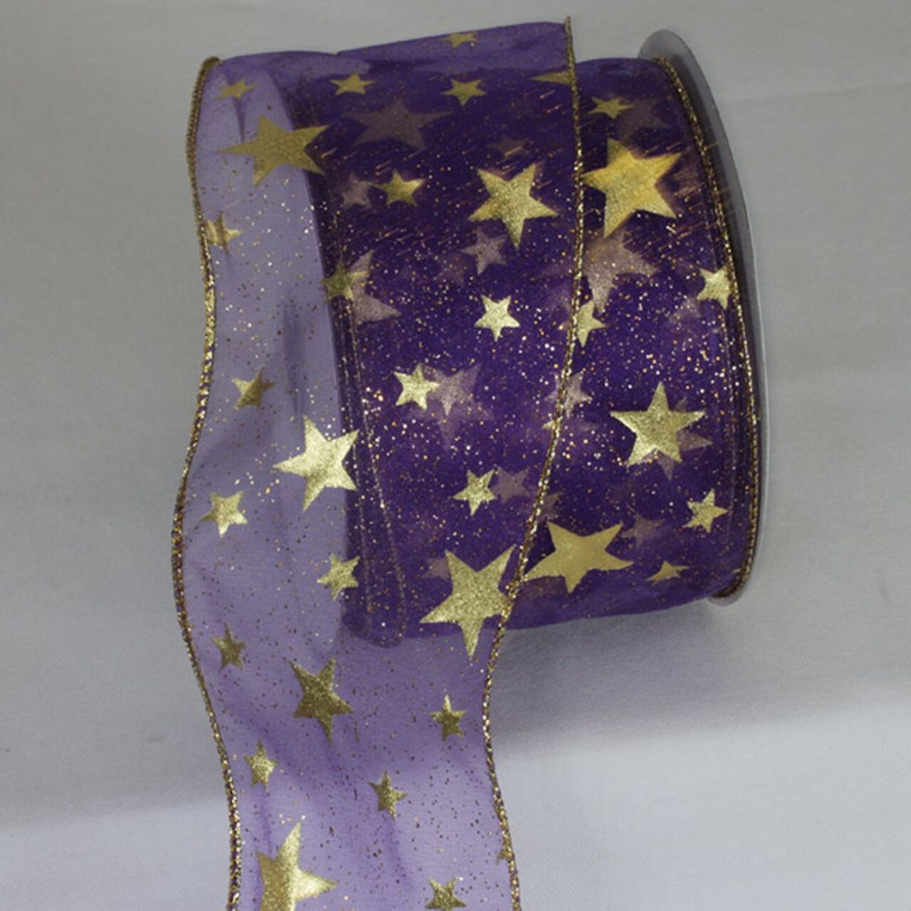 The Ribbon People Purple and Gold Stars Sheer Metallic Wired Craft Ribbon 3" x 20 Yards